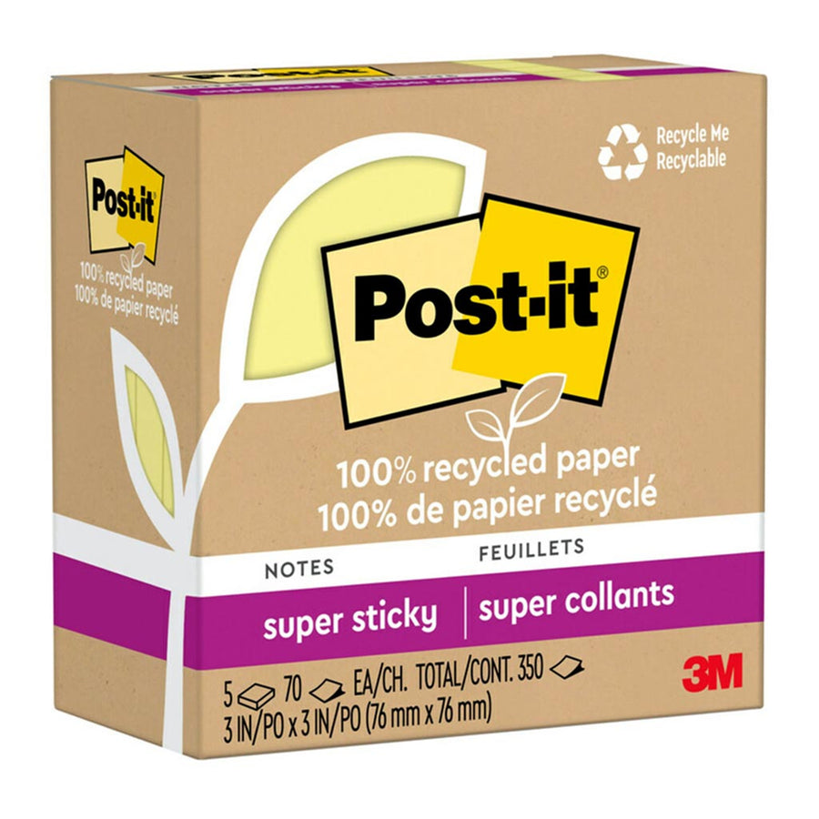 7100290333 - Post-it 100 Rec Super Sticky Notes 654R-5SSCY 76x76mm Yellow, Pack of 5