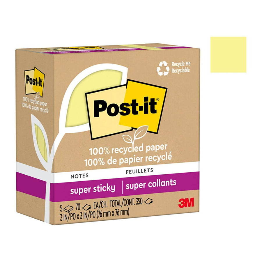 7100290333 - Post-it 100 Rec Super Sticky Notes 654R-5SSCY 76x76mm Yellow, Pack of 5
