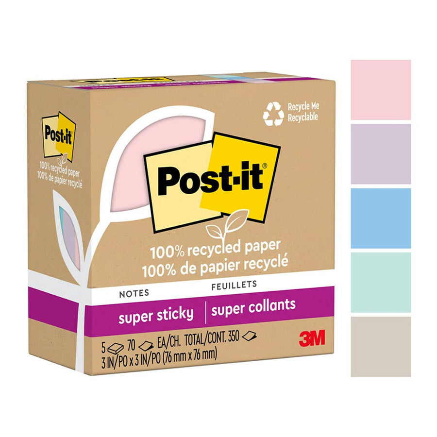 7100290313 - Post-it 100 Rec Super Sticky Notes 654R-5SSNRP 76x76mm Wanderlust, Pack of 5
