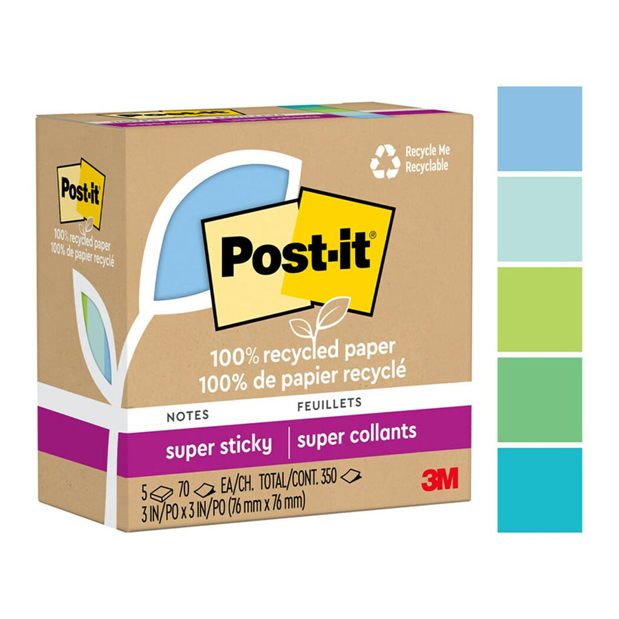 7100290422 - Post-it 100 Rec Super Sticky Notes 654R-5SST 76x76mm Oasis, Pack of 5