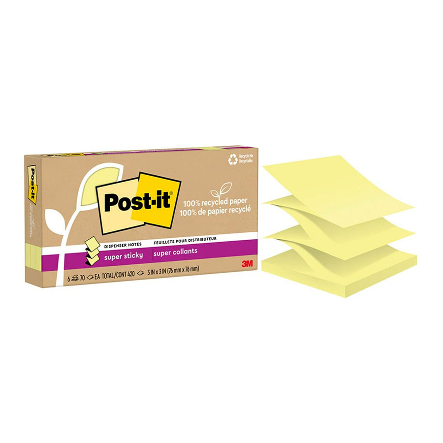 7100290373 - Post-it 100 Rec Super Sticky Pop Up Notes R330R-6SSCY 76x76mm Yellow, Pack of 6