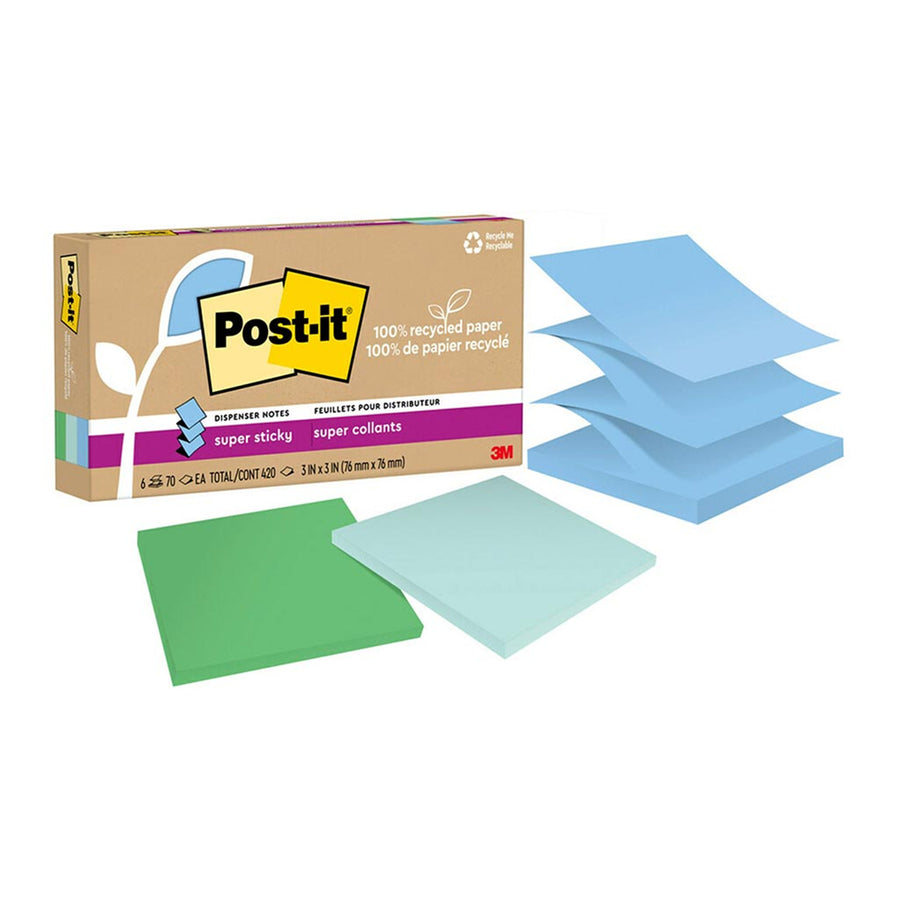 7100290433 - Post-it 100 Rec Super Sticky Pop Up Notes R330R-6SST 76x76mm Oasis, Pack of 6