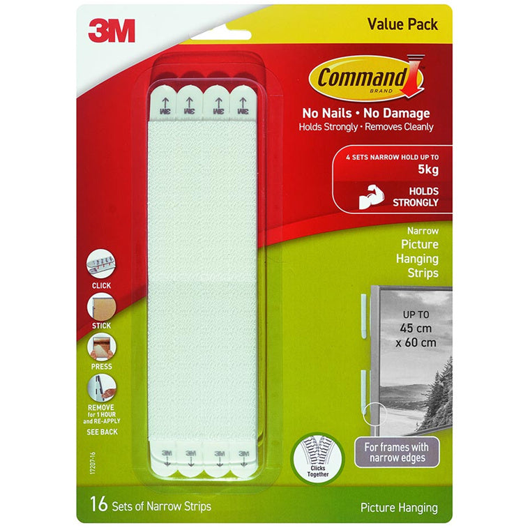 7100376093 - Command Picture Hanging Strips 17207-16 Narrow White, Value Pack of 16 Sets