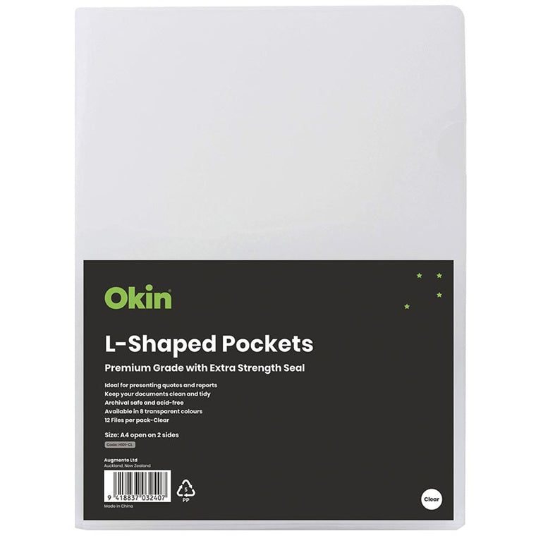 H101407 - Okin L Shaped Pockets A4 Clear, Pack of 12
