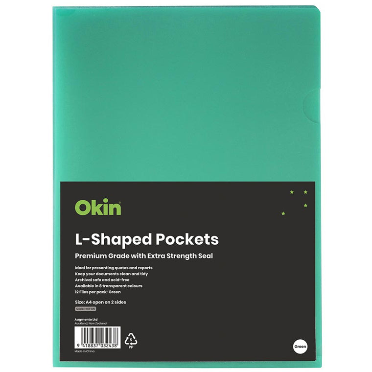 H101438 - Okin L Shaped Pockets A4 Green, Pack of 12