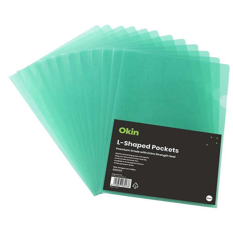 H101438 - Okin L Shaped Pockets A4 Green, Pack of 12