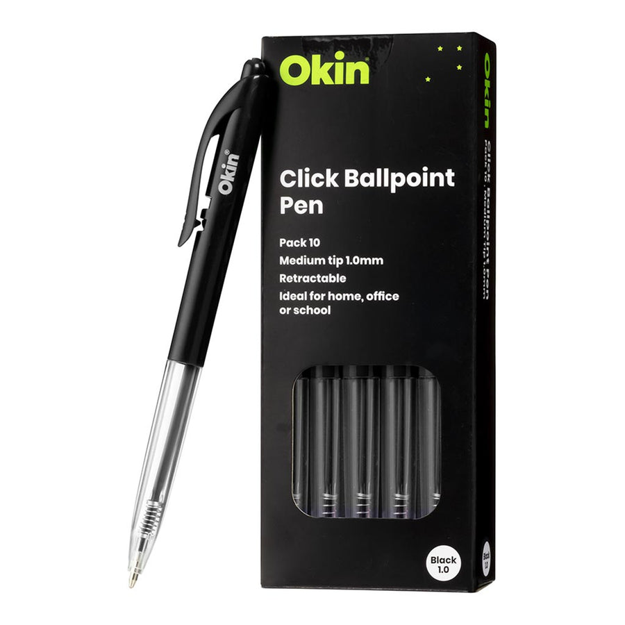 OBPCBLK10 - Okin Click Ballpoint Pen Medium Black, Pack of 10