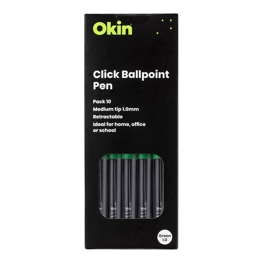 OBPCGRN10 - Okin Click Ballpoint Pen Medium Green, Pack of 10