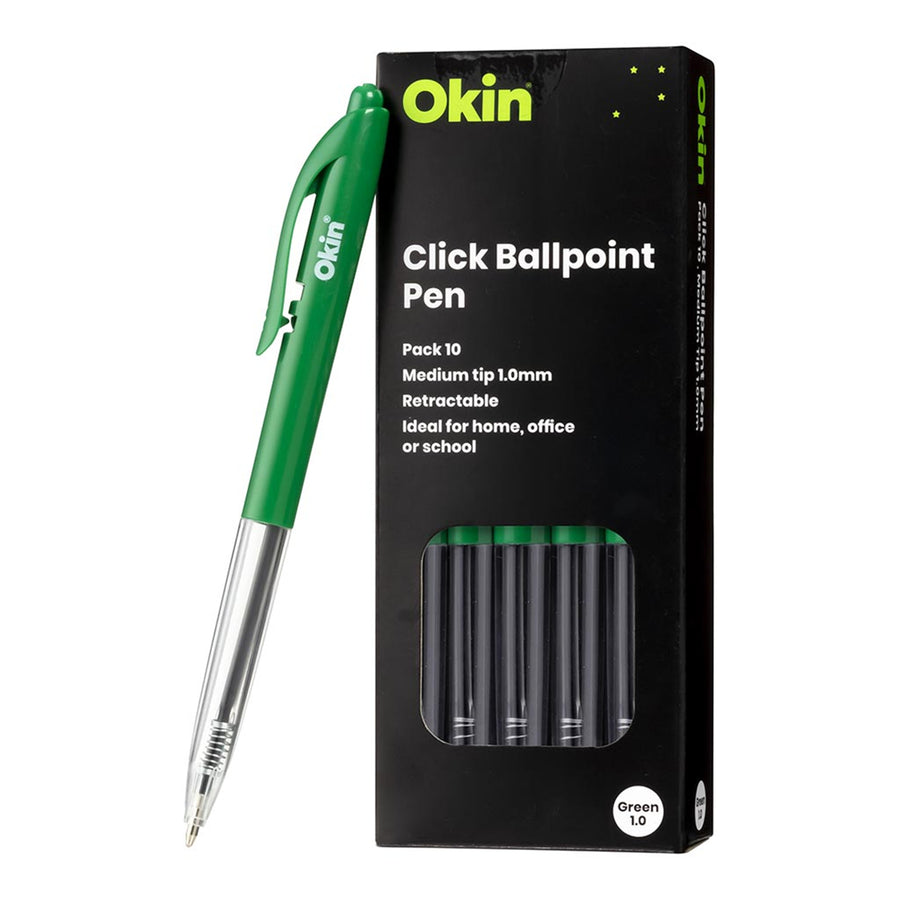 OBPCGRN10 - Okin Click Ballpoint Pen Medium Green, Pack of 10