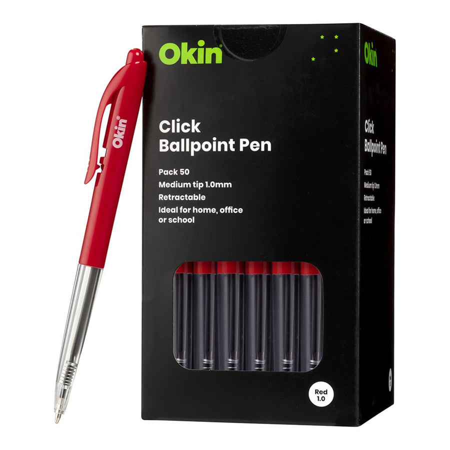 OBPCRED50 - Okin Click Ballpoint Pen Medium Red, Pack of 50