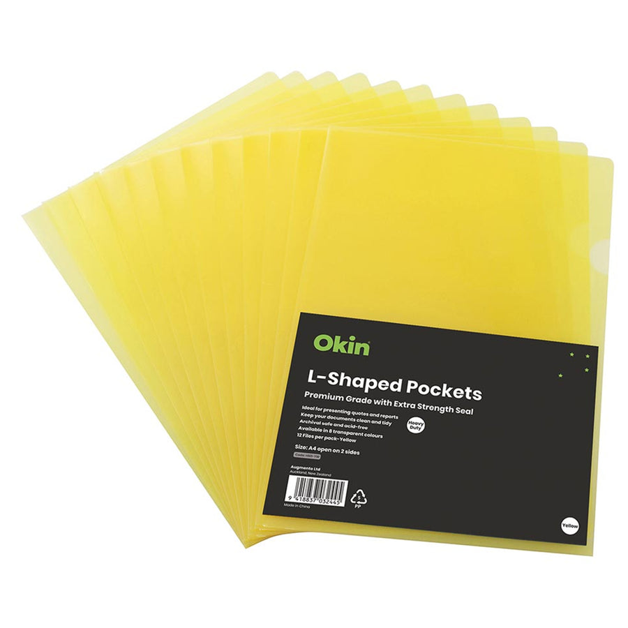 H101445 - Okin L Shaped Pockets A4 Yellow, Pack of 12