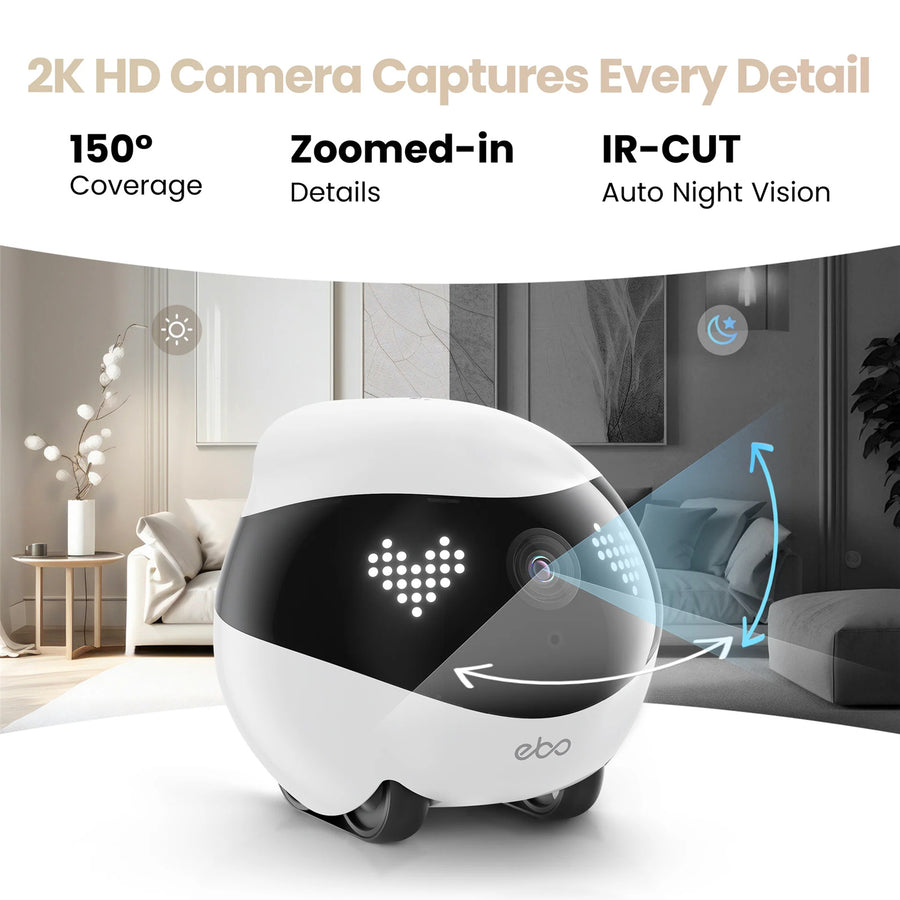 Enabot Air 2 Companion Robot (White) designed for pets, families A 2K  mobile pet/home security cam with  Two-Way Audio with AI Noise Cancellation, IR-CUT Night Vision