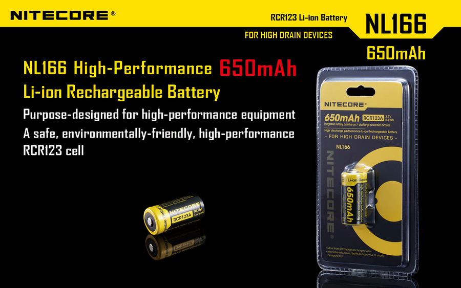NL166 - NITECORE LI-ION RECHARGEBALE BATTERY RCR123A (3.7V; 650mAh)