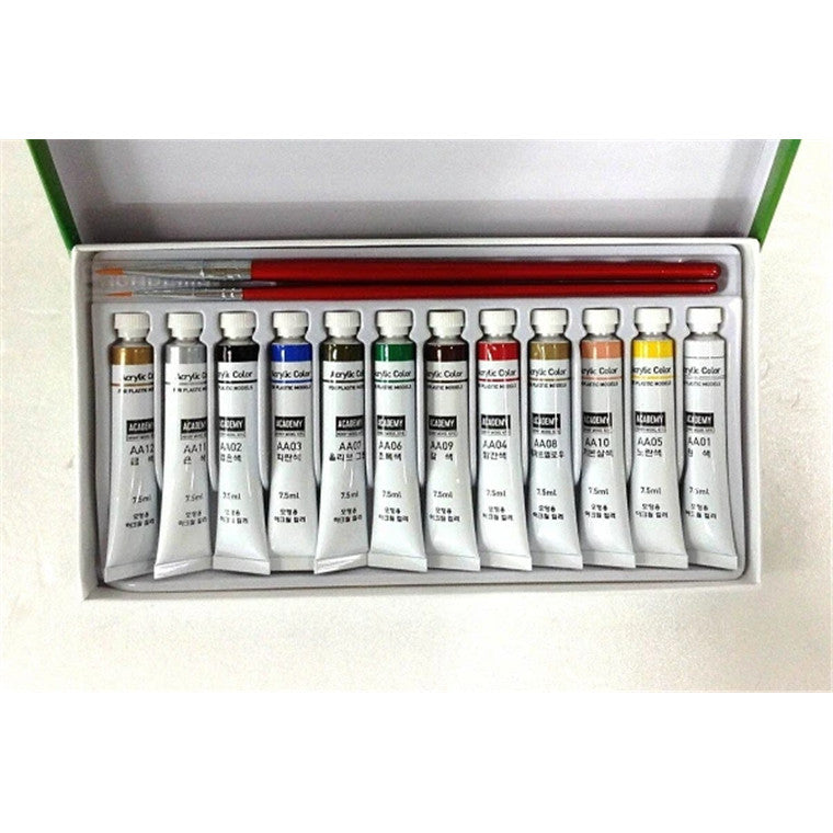 Academy 9-15924 - ACADEMY ACRYLIC 12 TUBES OF PAINT(7.5ML)+2 BRUSHES