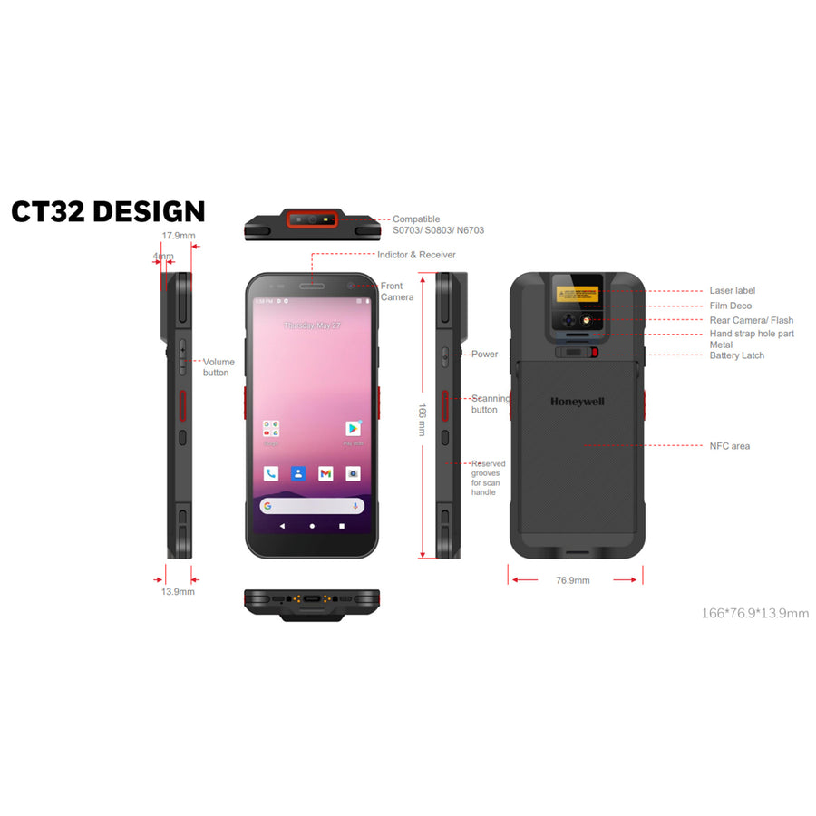 Intermec CT32: 5G&WIFI6E, Nano & ESim, 6´ Screen, Full Touchscreen, 8GB/128GB, Standard Range Engine-Red Laser, Front & Rear Camera, NFC, GMS, IP65/68, Standard Environment & Standard Battery (4500mAh), Launcher/Browser/BasicTE, Global