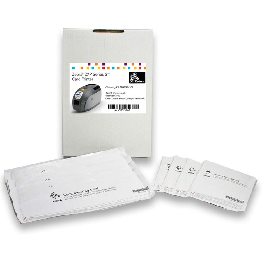 Zebra 105999-302 Cleaning Card Kit 4 print engine cleaning cards and 4 feeder cleaning cards - Compatible with Zebra ZXP Series 3 card printer - 1,000 prints / card - This kit can be used with any ZXP3