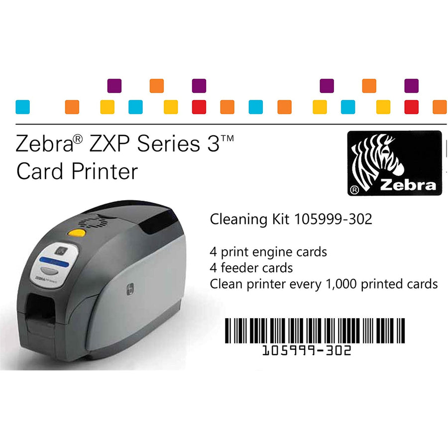 Zebra 105999-302 Cleaning Card Kit 4 print engine cleaning cards and 4 feeder cleaning cards - Compatible with Zebra ZXP Series 3 card printer - 1,000 prints / card - This kit can be used with any ZXP3