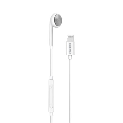 Promate Apple MFI Certified HiFi Wired Mono Earbud w/ Call Button and Microphone White