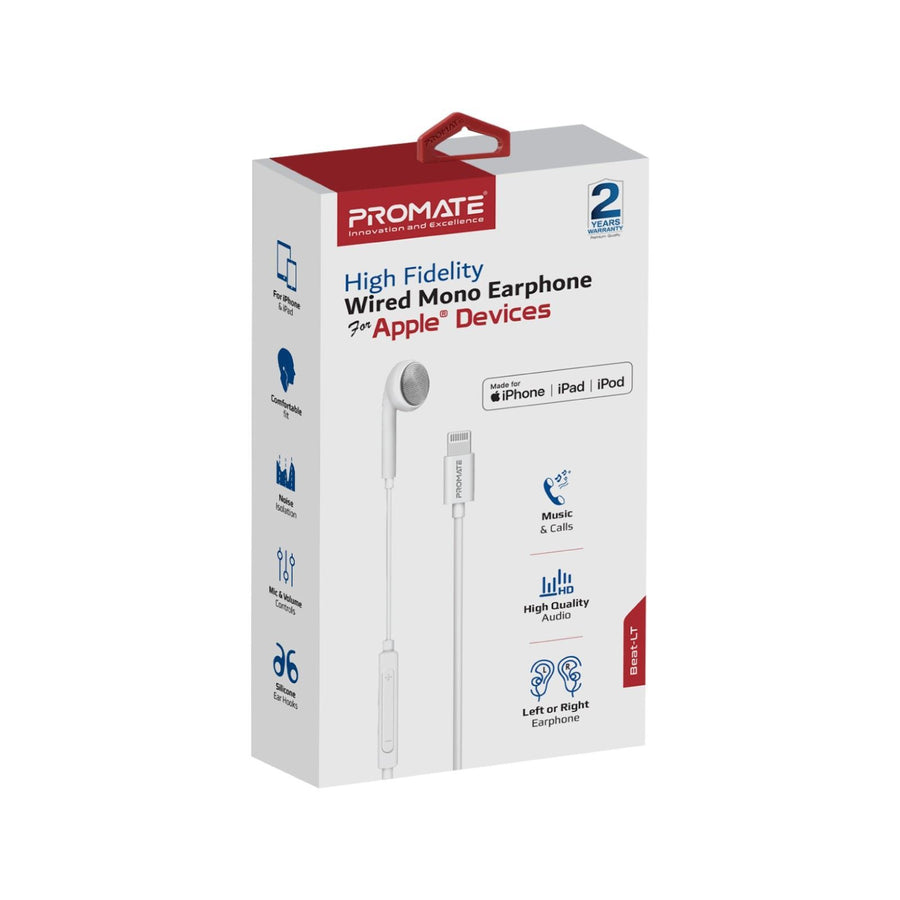 Promate Apple MFI Certified HiFi Wired Mono Earbud w/ Call Button and Microphone White