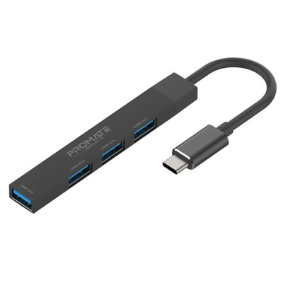 Promate LITEHUB-4-BLK - 4-in-1 Ultra-Slim Multi Port Hub. USB-C & USB-A Adapter. 4x USB-A Ports