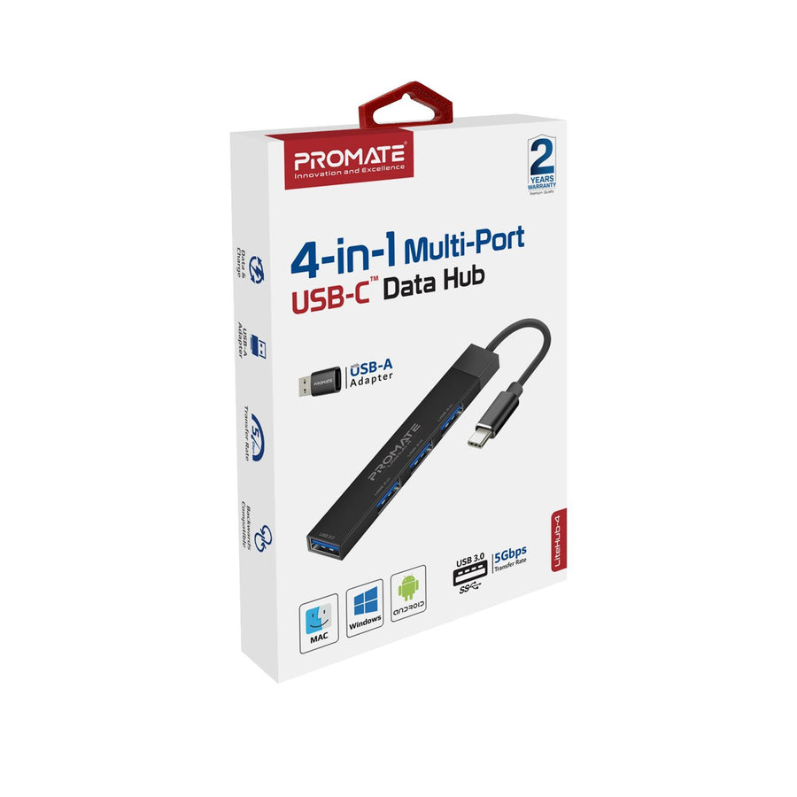 Promate LITEHUB-4-BLK - 4-in-1 Ultra-Slim Multi Port Hub. USB-C & USB-A Adapter. 4x USB-A Ports