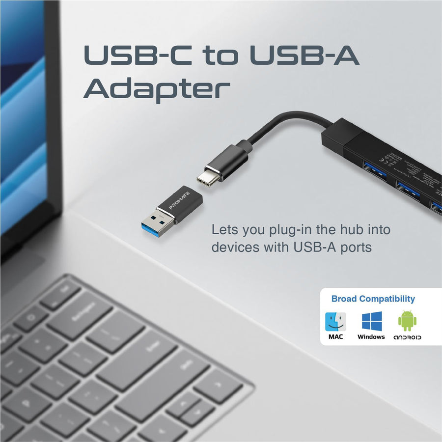 Promate LITEHUB-4-BLK - 4-in-1 Ultra-Slim Multi Port Hub. USB-C & USB-A Adapter. 4x USB-A Ports