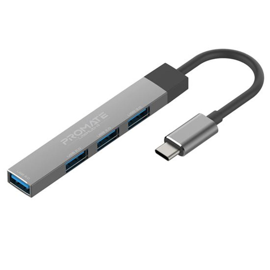 Promate LITEHUB-4-GRY - 4-in-1 Ultra-Slim Multi Port Hub. USB-C & USB-A Adapter. 4x USB-A Ports