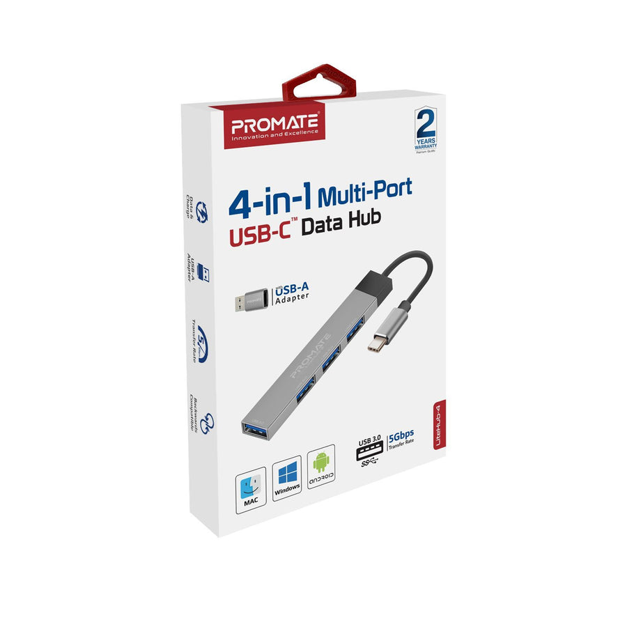 Promate LITEHUB-4-GRY - 4-in-1 Ultra-Slim Multi Port Hub. USB-C & USB-A Adapter. 4x USB-A Ports