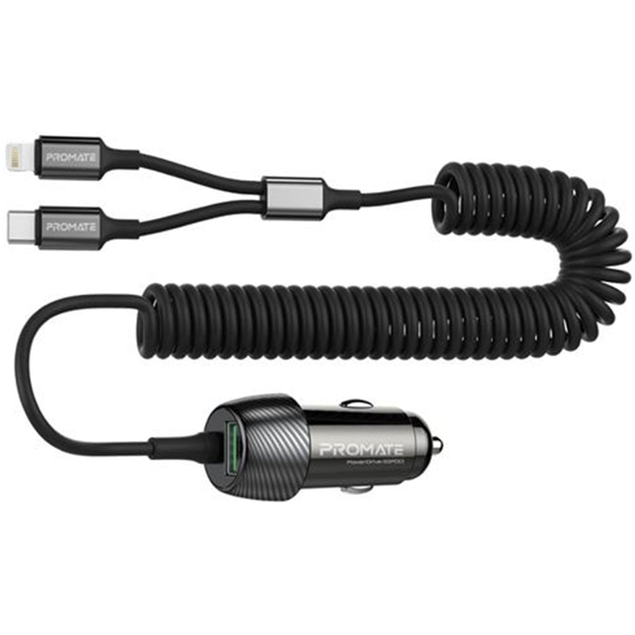 Promate POWERDRIVE33PDCI - 33W Car Charger w/ Lightning & USB-C USB-A Port Qualcomm 3.0 18W Quick Charge