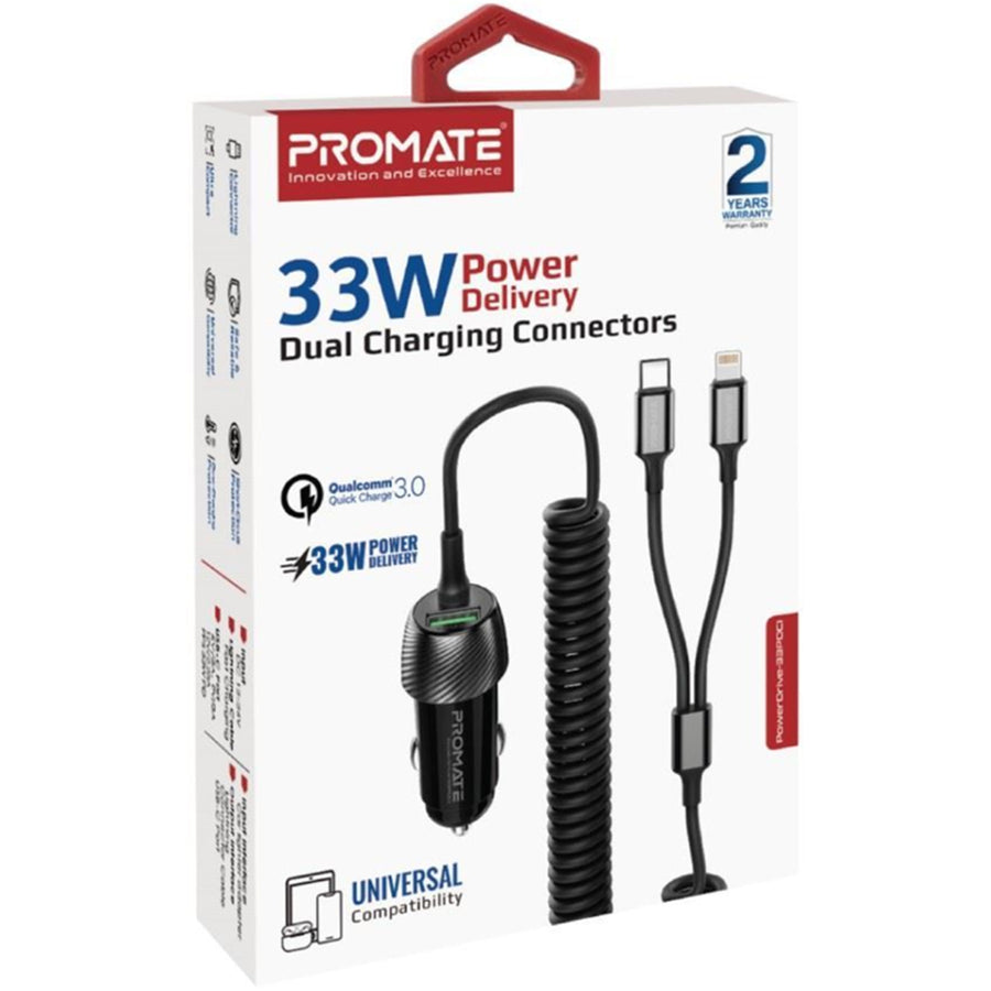 Promate POWERDRIVE33PDCI - 33W Car Charger w/ Lightning & USB-C USB-A Port Qualcomm 3.0 18W Quick Charge