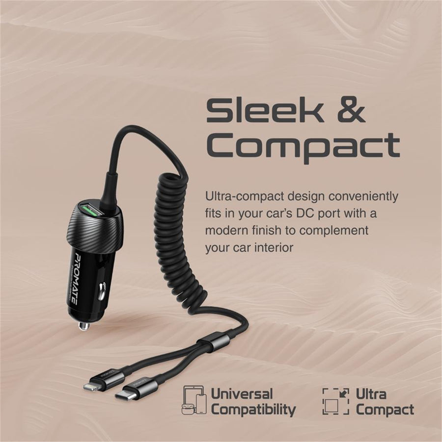 Promate POWERDRIVE33PDCI - 33W Car Charger w/ Lightning & USB-C USB-A Port Qualcomm 3.0 18W Quick Charge