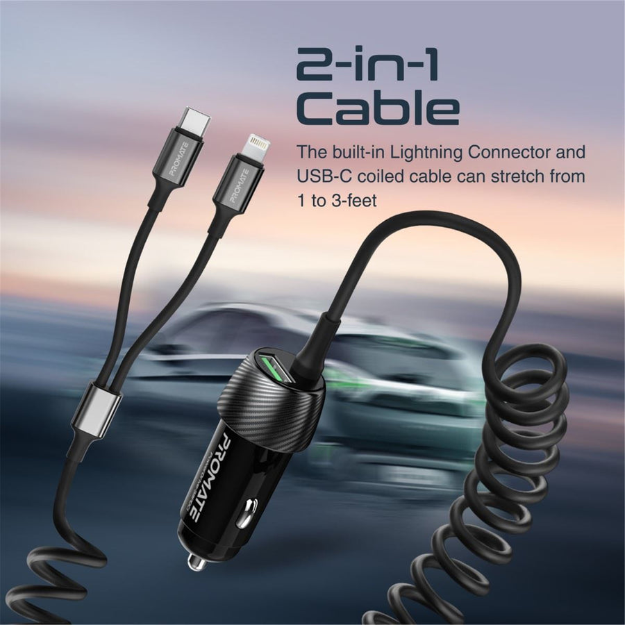 Promate POWERDRIVE33PDCI - 33W Car Charger w/ Lightning & USB-C USB-A Port Qualcomm 3.0 18W Quick Charge
