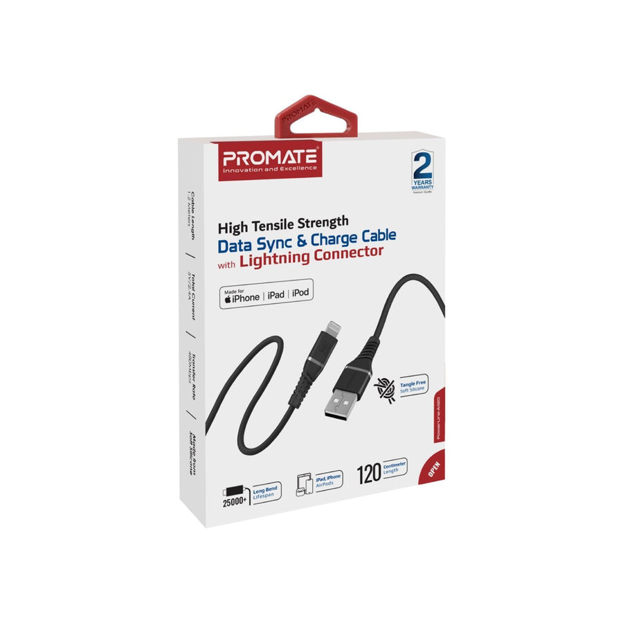 Promate POWERLINEAI120BK - 1.2m MFI Certified USB-A to Lightning Data & Charge Cable Black