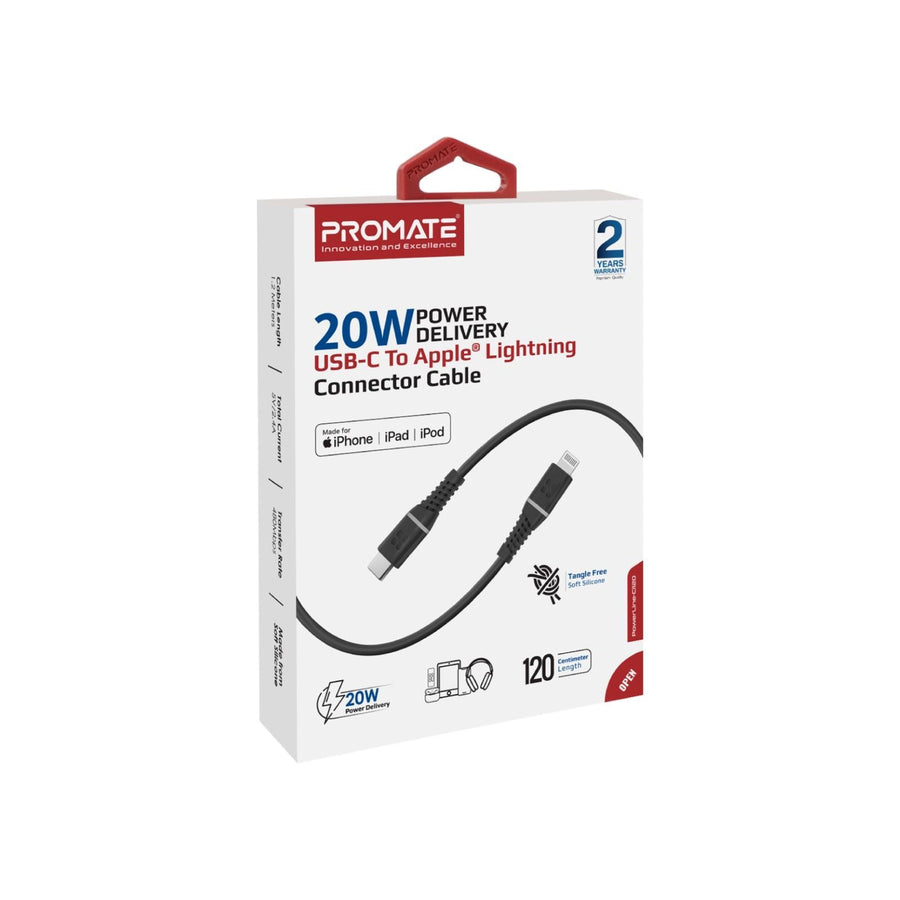 Promate  POWERLINECI120BK MFi Certified - 2.2A - 480Mbps USB-C to Lightning Cable - 1.2m - Black