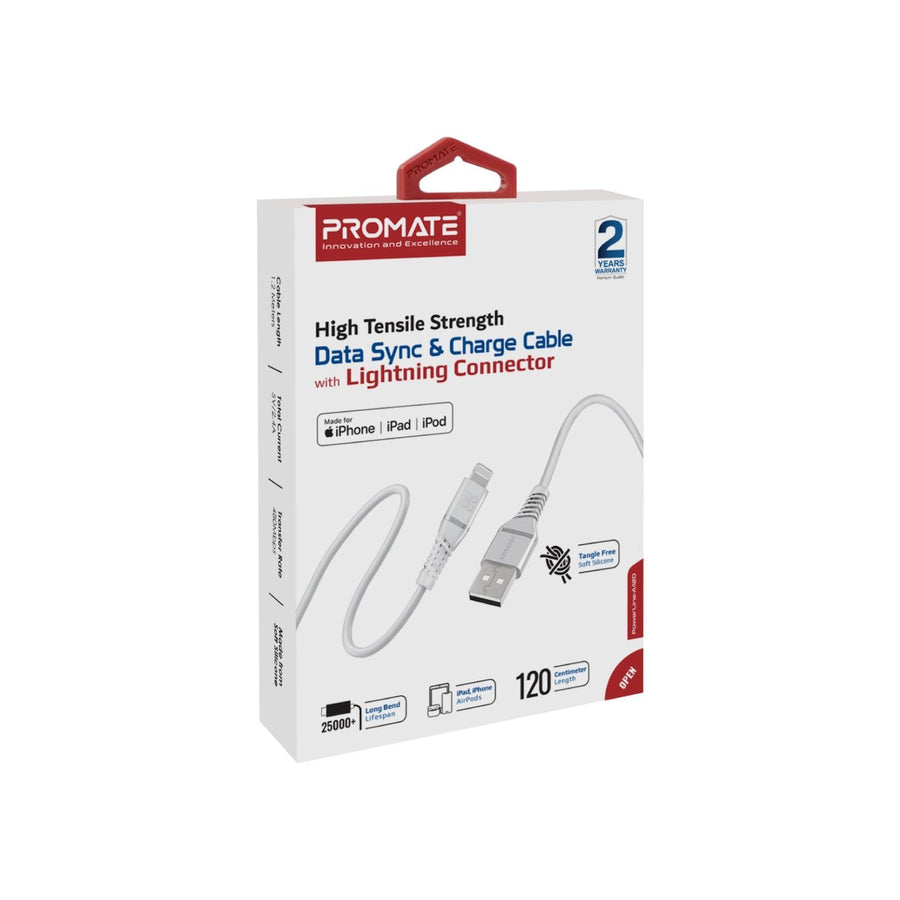Promate  POWERLINECI120WH MFi Certified - 2.2A - 480Mbps USB-C to Lightning Cable - 1.2m - White