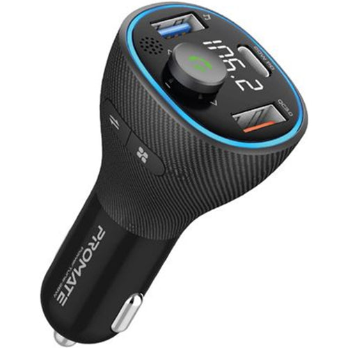 Promate POWERTUNE-38W  Wireless In-Car FM Transmitter with USB-C & USB-A Ports - Hands-Free with Built in MicroPhone - Stream via Bluetooth or USB Flash Drive - Smart LCD Screen & up to 5M Operating Distance