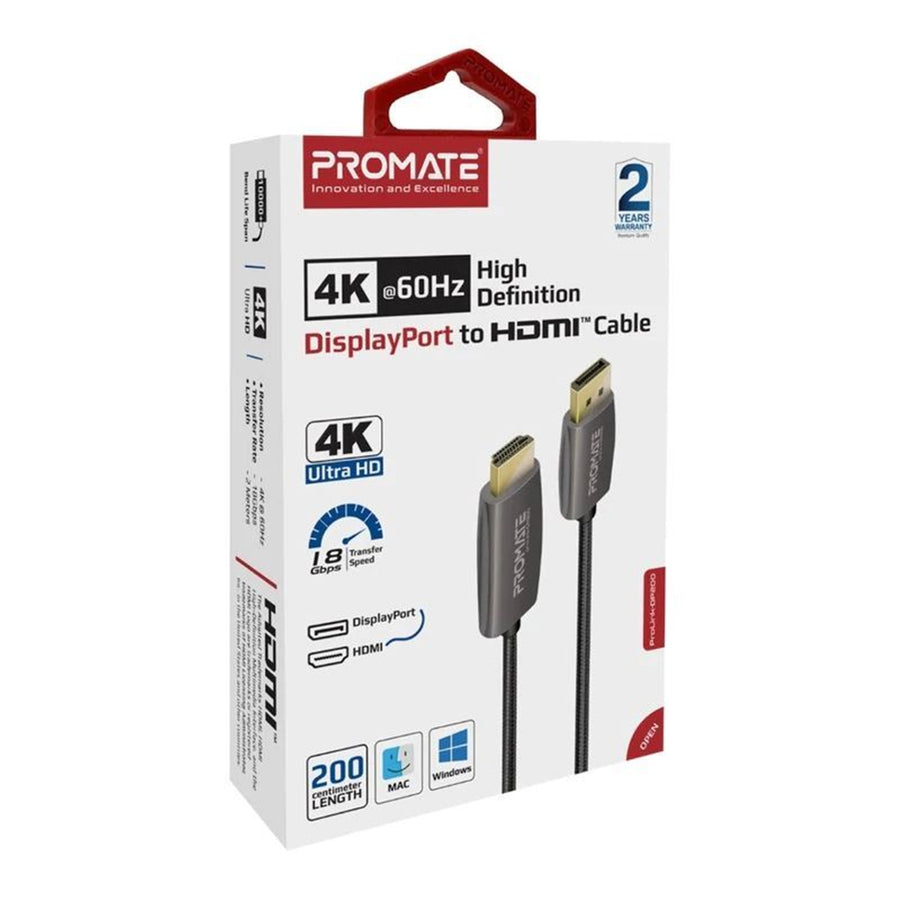 Promate  PROLINK-DP200 4K 60Hz - 18Gbps DisplayPort to HDMI Cable - 2m - Black