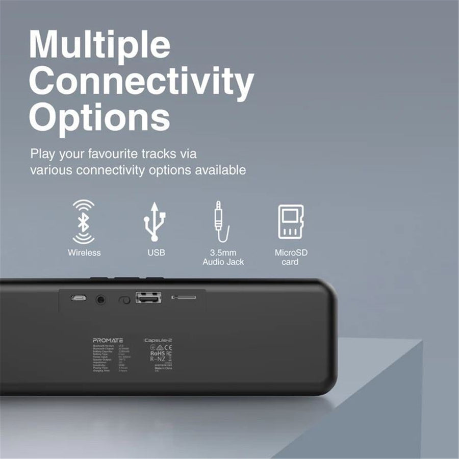 Promate CAPSULE-2-BLK - 6W Wireless HD Bluetooth Portable Speaker Built-in 1200 Lithium Battery. Up to 4 Hours
