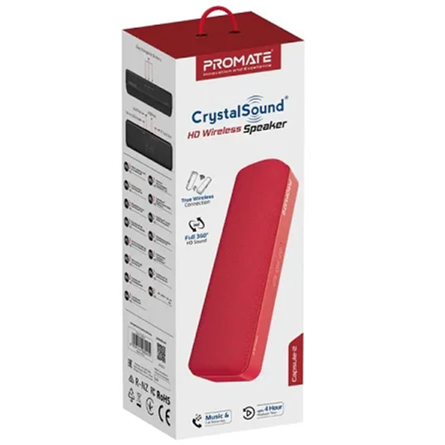 Promate CAPSULE-2-RD - 6W Wireless HD Bluetooth Portable Speaker Built-in 1200 Lithium Battery. Up to 4 Hours
