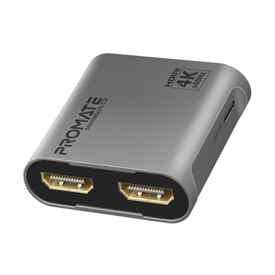 Promate MEDIASPLIT-C2 HDMI Splitter with Dual HDMI Ports. Supports up to 4K 60Hz Play Content on 2xMonitorsSimultaneously. USB-C Port (5V,500MA). Easy Plug & Play.