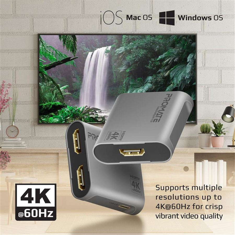 Promate MEDIASPLIT-C2 HDMI Splitter with Dual HDMI Ports. Supports up to 4K 60Hz Play Content on 2xMonitorsSimultaneously. USB-C Port (5V,500MA). Easy Plug & Play.