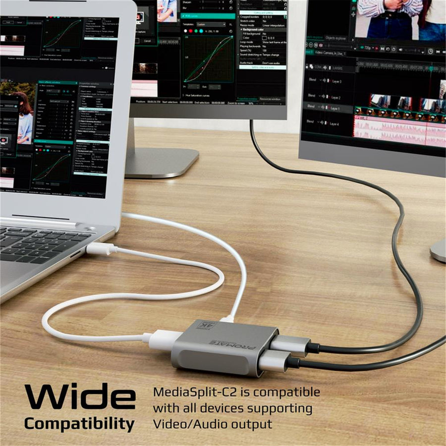 Promate MEDIASPLIT-C2 HDMI Splitter with Dual HDMI Ports. Supports up to 4K 60Hz Play Content on 2xMonitorsSimultaneously. USB-C Port (5V,500MA). Easy Plug & Play.