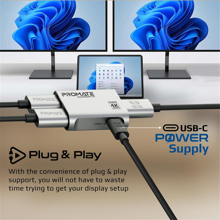 Promate MEDIASPLIT-C2 HDMI Splitter with Dual HDMI Ports. Supports up to 4K 60Hz Play Content on 2xMonitorsSimultaneously. USB-C Port (5V,500MA). Easy Plug & Play.