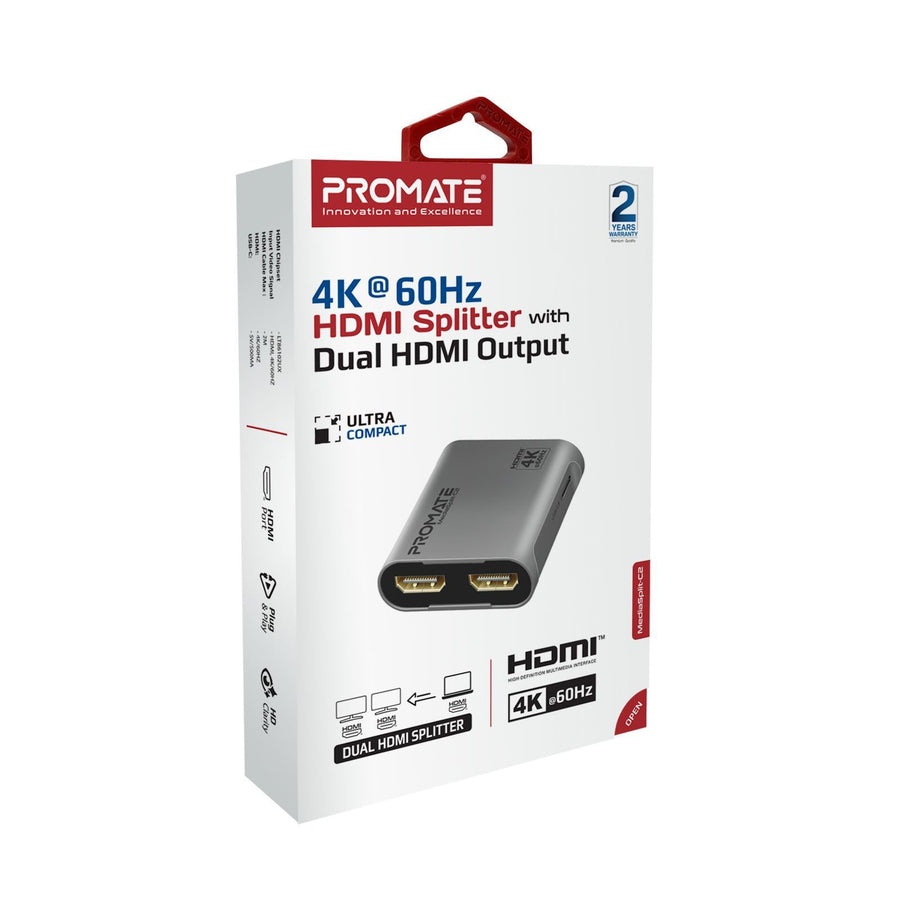 Promate MEDIASPLIT-C2 HDMI Splitter with Dual HDMI Ports. Supports up to 4K 60Hz Play Content on 2xMonitorsSimultaneously. USB-C Port (5V,500MA). Easy Plug & Play.