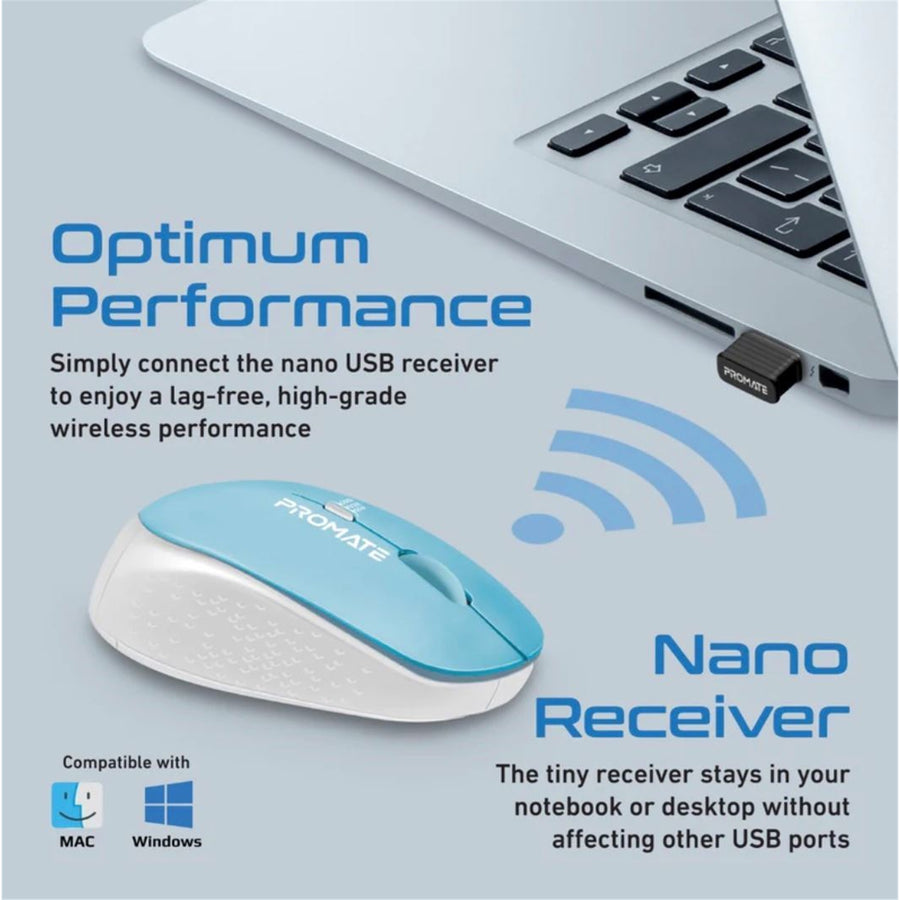 Promate TRACKER-BL - Ergonomic Wireless Mouse 800/1200/1600 Dpi 10m Working Range Blue