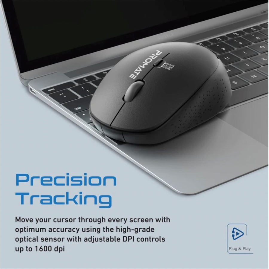 Promate TRACKER-BLK - Ergonomic Wireless Mouse 800/1200/1600 Dpi. 10m Working Range. Included Nano Receiver