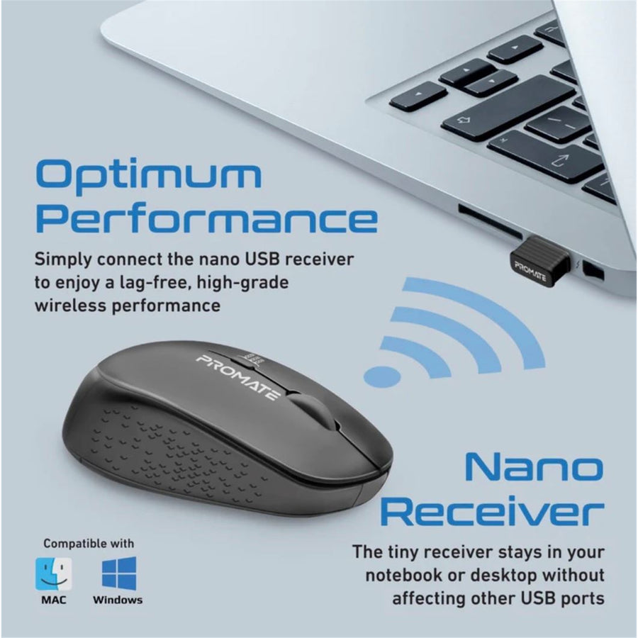 Promate TRACKER-BLK - Ergonomic Wireless Mouse 800/1200/1600 Dpi. 10m Working Range. Included Nano Receiver