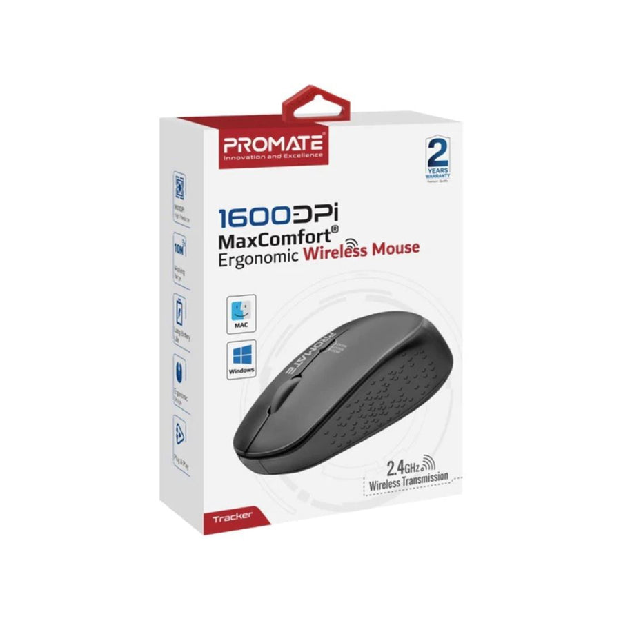 Promate TRACKER-BLK - Ergonomic Wireless Mouse 800/1200/1600 Dpi. 10m Working Range. Included Nano Receiver
