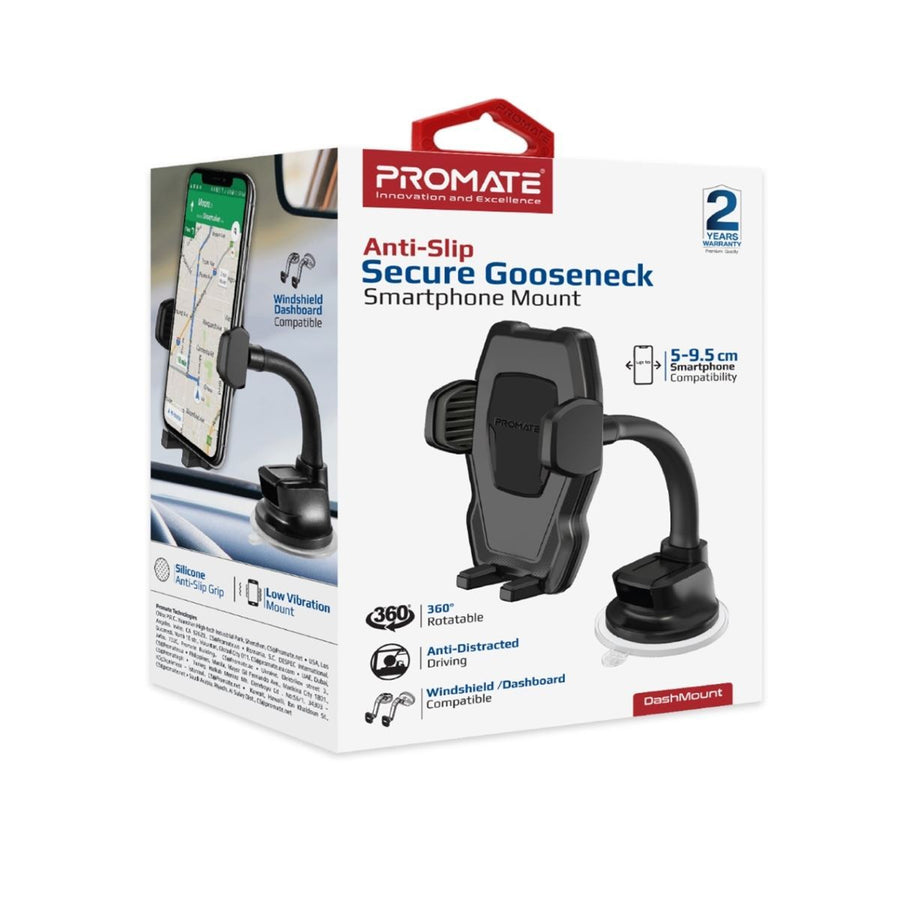Promate DASHMOUNT - UniverSmartphone Mount w/ Flexible Gooseneck. Includes Anti-Slip Suction Pad