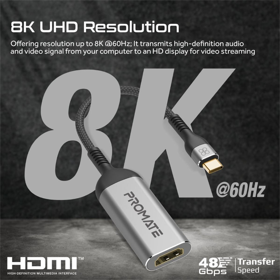 Promate MEDIALINK-8K - USB-C to HDMI Adapter Supports up to 8K@60Hz HD Res. Sturdy Aluminium Casing